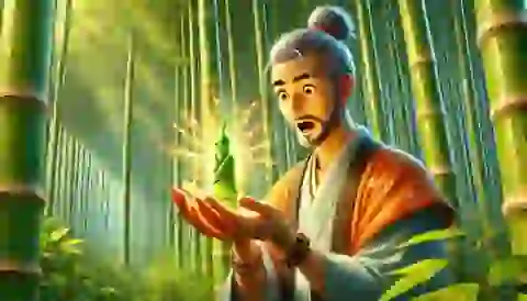 Taketori no Okina discovering a glowing bamboo stalk with tiny Kaguya-hime inside