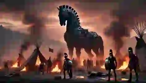 Greek soldiers burn their camp as the giant Trojan Horse stands tall, preparing to leave Troy in deception.