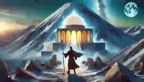 Daryush reaches the summit of Mount Damavand, standing before the glowing marble Temple of Truth against a vast sky.