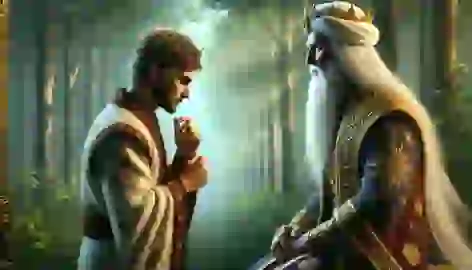 The sage Zal offers guidance to King Jamshid in a serene forest, symbolizing humility.