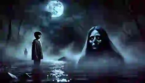 The young boy Diego encountering La Llorona by the river at night, mist rising from the water.