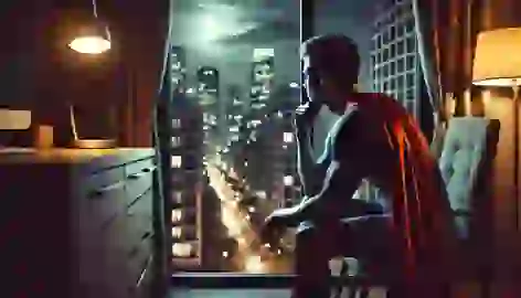 A young man sits by his window, looking out at the city, with his superhero costume hanging on a chair.