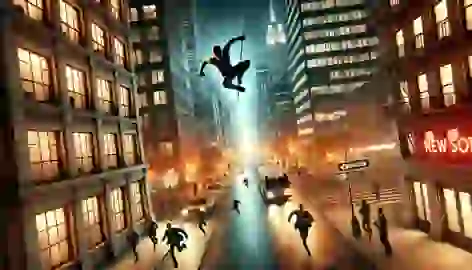 A hero swings between two skyscrapers in New York at night while criminals flee on the street below.