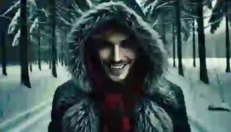 A mysterious stranger in a fur coat with sharp teeth smiles eerily at the girl in the snowy forest.