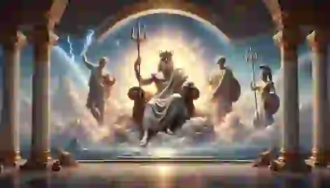 Zeus, Poseidon, and Hades dividing realms, sitting regally with symbolic items of power under a luminous sky.