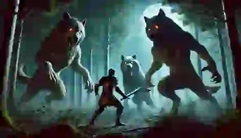 Esfandiyar defends himself against two massive wolves lunging toward him in a dark, foggy forest.