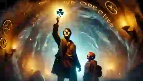 Fionn holds the glowing silver clover in a magical cave, with Seamus watching.