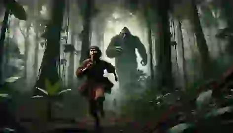 Timun Mas running through a thick forest, chased by the towering Buto Ijo as she clutches her magical bag.