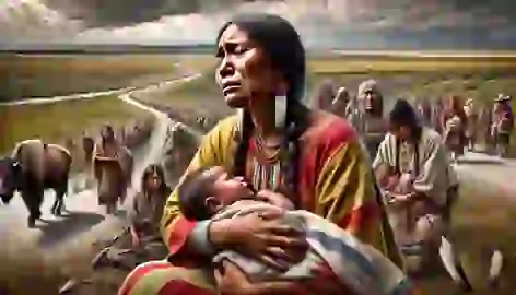 Cherokee women weeping and holding their children along the Trail of Tears.