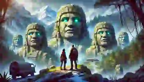 Rafael and Isabel face towering stone statues with glowing emerald eyes in the Andes.