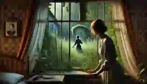 The woman peers through the barred window at a mysterious figure creeping in the garden below.