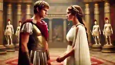 Paris of Troy meets Helen of Sparta inside Menelaus’s grand palace, their fates intertwined by destiny.