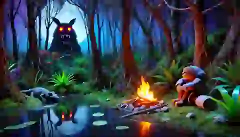 Mia sitting by a small campfire in the swamp at night, hearing the eerie call of the Bunyip with glowing eyes in the distance.