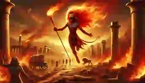 Sekhmet unleashes her wrath on an ancient Egyptian city with burning fields and a fiery sky.