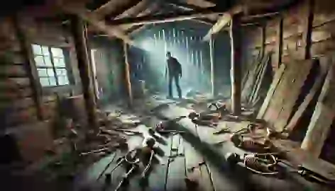 Kitchi stands inside an abandoned cabin, frozen in fear, as human bones lie scattered on the floor.