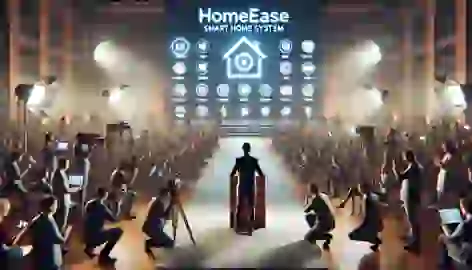 Alex addressing a large audience at a press conference, unveiling the HomeEase system with excitement and anticipation.