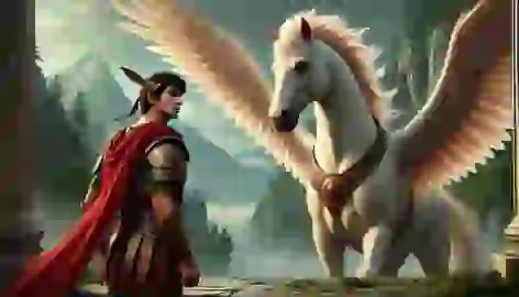 Bellerophon in Greek armor stands before Pegasus, the majestic winged horse, in the peaceful mountains of Helicon.