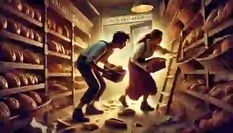 Inside the bakery, the couple hurriedly grabs loaves of bread and pastries in a dimly lit interior