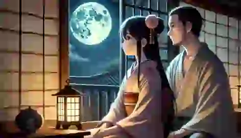 Kaguya-hime gazes at the moon, filled with sorrow, as her father gently tries to comfort her in their dimly lit room.