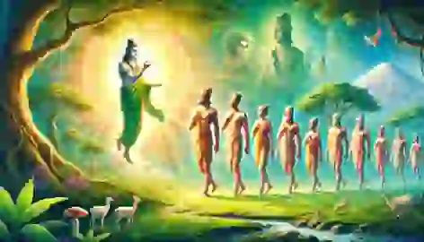 Brahma breathing life into the first humans, who stand surrounded by nature, rivers, and animals