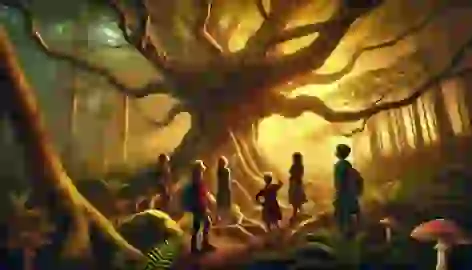 A group of children gather around the ancient tree in the enchanted forest, now bathed in warm, magical light.