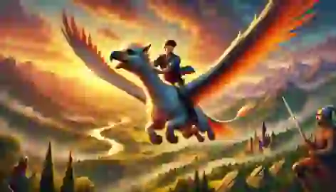 Tomas riding the Hippogriff through the sky at sunset, with a vast landscape of forests and mountains below.