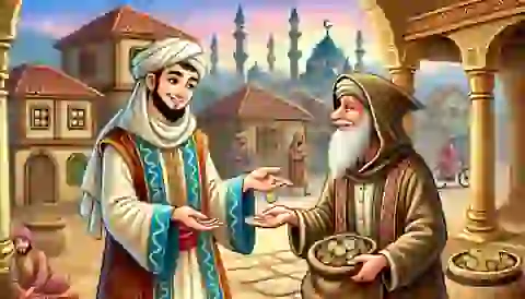 A wealthy merchant giving his last coin to a disguised Al-Khidr as a beggar, with the village in the background and a relieved expression on the merchant