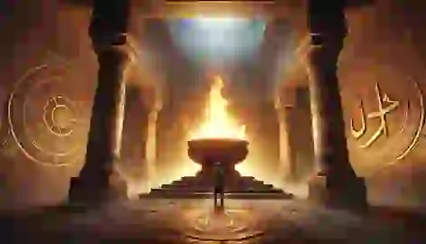 The interior of the Fire Temple, with an eternal flame burning in a large brazier, casting shadows on the walls.