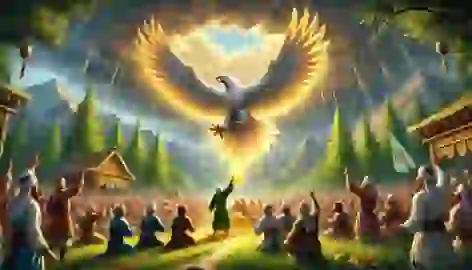 The grey eagle soars over Chaghan’s sacred grove as Aibek places the Soul Feather on an altar amid celebrating villagers.