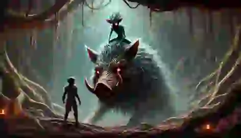 Tiago meets the Caipora spirit in a dimly lit grove, standing on a wild boar with glowing red eyes.