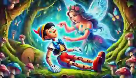 The Blue Fairy transforming Pinocchio into a real boy.