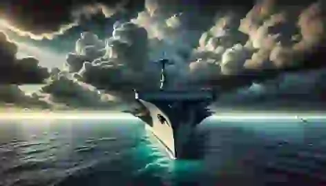 The USS Cyclops sails under ominous clouds, disappearing into the horizon in the Bermuda Triangle.