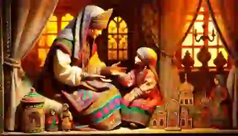 Vasilisa giving the wooden doll to her daughter, telling her the story.