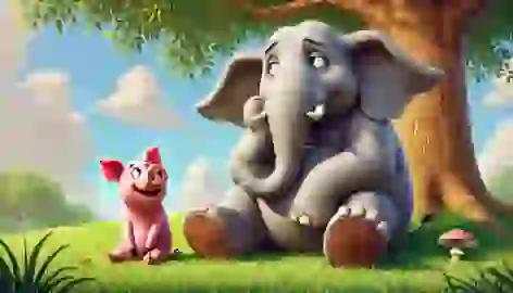 Gerald looks impatient, tapping his foot, while Piggie smiles calmly under a tree on a sunny day.