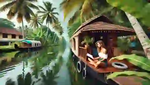 Kim on a houseboat in Kerala