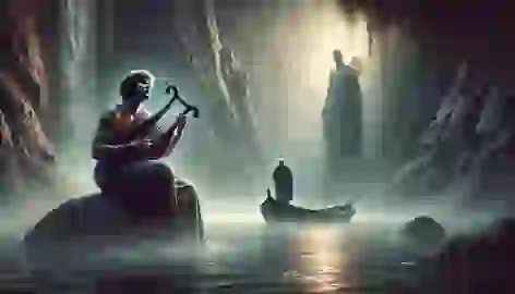 Orpheus playing the lyre by the misty River Styx as Charon listens.