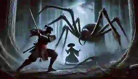 Kenji battling the Jorogumo, striking at one of her spider-like legs with his katana.