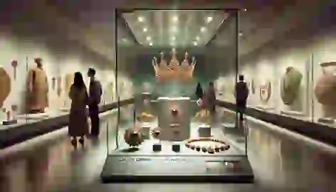 A modern museum display showcasing Sassanid artifacts like the recreated Kiani Crown and gemstone-adorned treasures.