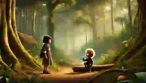 Marisol encounters Yacy Yateré in a forest clearing as he sits on a log, holding his flute.