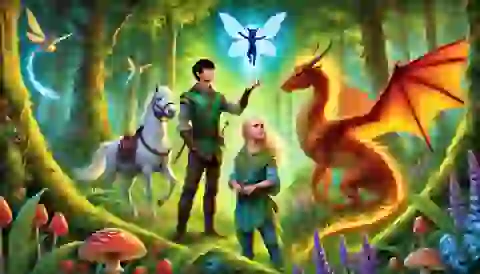 Elara with her companions: a pixie, a centaur, and a dragon.