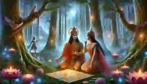 Naravahanadatta solves a puzzle in a mystical Himalayan forest with Princess Vidya