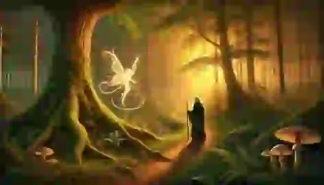 Eldrin walks along a peaceful forest path, with Lyra