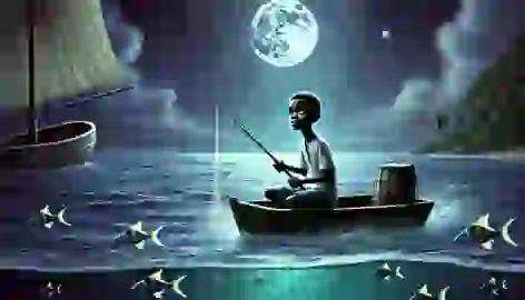 Kai on a small fishing boat at night, looking at the ocean under the moonlight, with flying fish in the background.