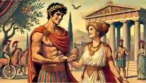 Pelops and Hippodamia celebrating their victory after the race, standing together in an ancient Greek setting.