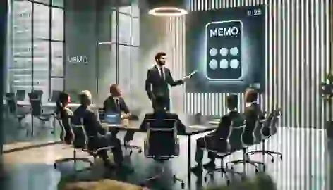 Alex presenting the Memo product to a group of investors in a sleek office with large windows and a projector screen.