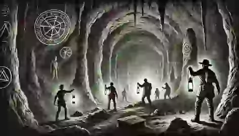 Treasure hunters explore a dark cave with lanterns, revealing mysterious symbols on the cave walls and eerie shadows.