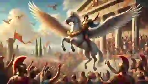 Bellerophon and Pegasus are celebrated by Lycians, returning victorious against a bright palace backdrop.