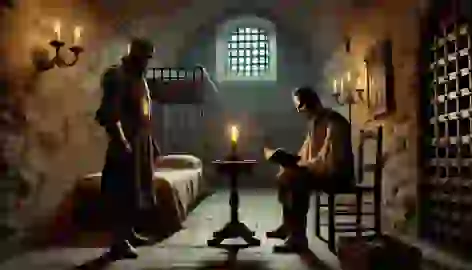 The Man in the Iron Mask reads a book under candlelight in his dimly lit chamber inside the Pignerol fortress.