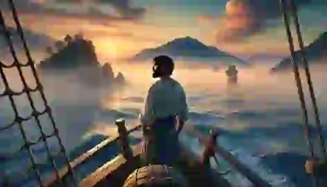 Greek sailor sails away from the Island of the Blessed at sunrise, looking back at the misty, fading paradise.