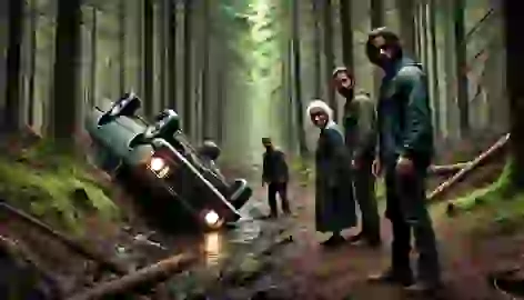 Three men approach the family by their overturned car in a dark forest, tension filling the air.